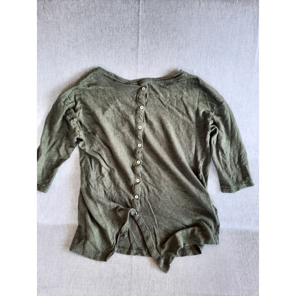 Tahari Women Medium Linen Utility Elbow Sleeve Military Green Buttons Blouse SEE